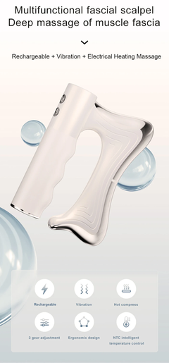 A handheld white and silver electric facial and neck massage device shown on a light gray background with decorative blue bubbles and marketing text above, plus feature icons below.