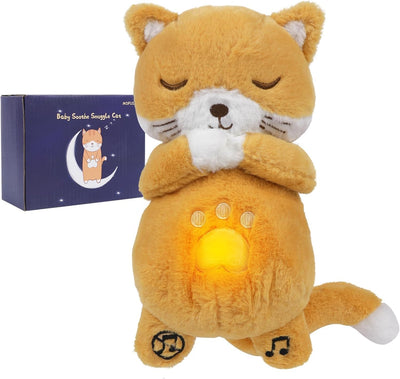 MOFUSAN Soothing Breathing Cat Stuffed Animal Soothe Snuggle Cat Plush with Battery for Anxiety Adults and Kids Sleeping Cat Plushies with Realistic Breathing Motion and Lights Music (Yellow)