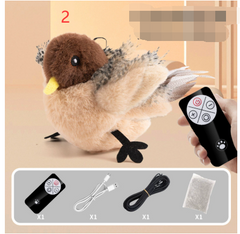 Plush bird toy with remote control and accessories on a beige background