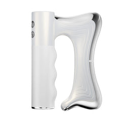 Silver electronic device with a unique, wavy design on a white background