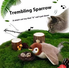Cat toy resembling a trembling sparrow with a cat interacting with it on a grassy background.